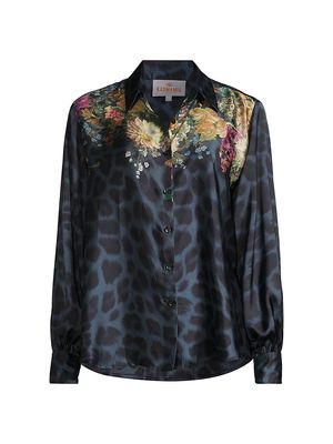 Women's Elle Printed Satin Blouse - Navy Flower Leopard - Size XS