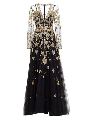 Women's Embellished Hearts Illusion A-Line Gown - Black Gold Silver - Size 10