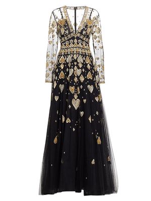 Women's Embellished Hearts Illusion A-Line Gown - Black Gold Silver - Size 8