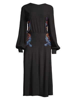 Women's Embroidered Balloon-Sleeve Midi-Dress - Black - Size 2