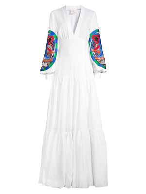 Women's Embroidered Cotton Maxi Dress - White Multi - Size 2 - White Multi - Size 2