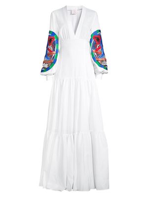 Women's Embroidered Cotton Maxi Dress - White Multi - Size 6 - White Multi - Size 6