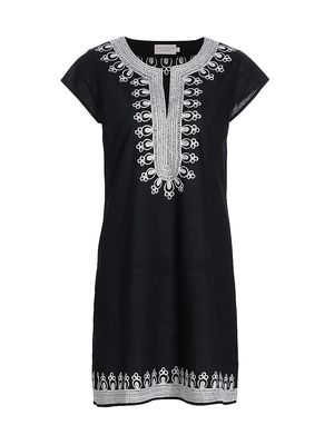 Women's Embroidered Cotton Voile T-Shirt Dress - Black White - Size XS - Black White - Size XS