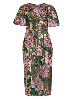 Women's Embroidered Floral Midi-Dress - Gold - Size 0