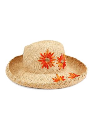 Women's Embroidered Floral Straw Hat - Orange Natural - Size Medium - Orange Natural - Size Medium