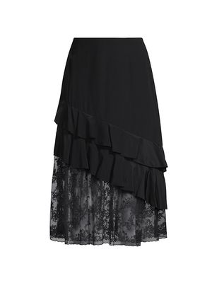 Women's Embroidered Silk Ruffled Midi-Skirt - Black - Size 2