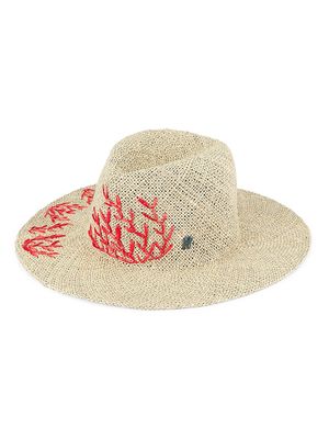 Women's Embroidered Straw Fedora - Natural Red - Size Medium - Natural Red - Size Medium