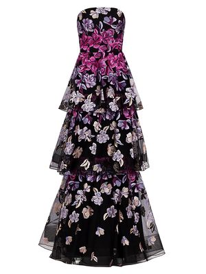 Women's Embroidered Tiered Gown - Black Fuchsia - Size 6