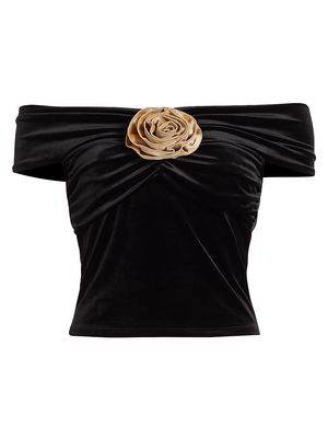 Women's Emerald Off-The-Shoulder Stretch Velvet Blouse - Black Champagne Velvet - Size Medium