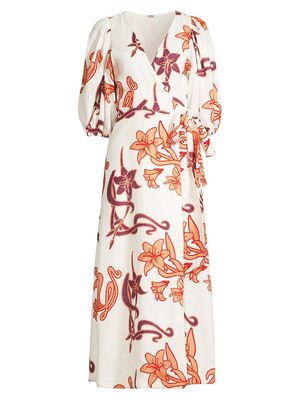 Women's Ermita Linen Wrap Midi-Dress - Ivory Salmon Lilies - Size 2 - Ivory Salmon Lilies - Size 2