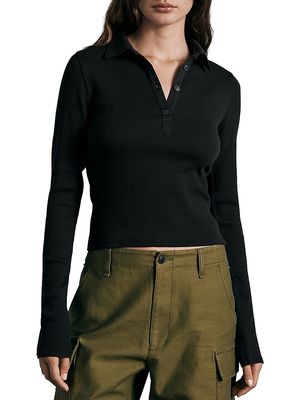 Women's Essential Rib-Knit Polo Top - Black - Size XS