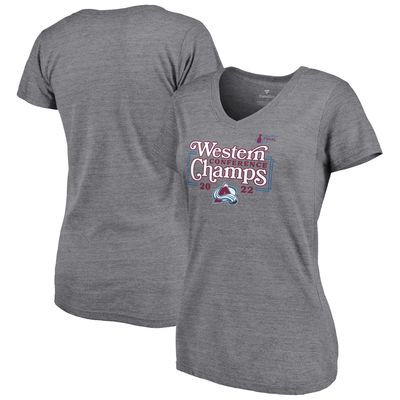 Women's Fanatics Branded Heathered Gray Colorado Avalanche 2022 Western Conference Champions Line Shift V-Neck T-Shirt