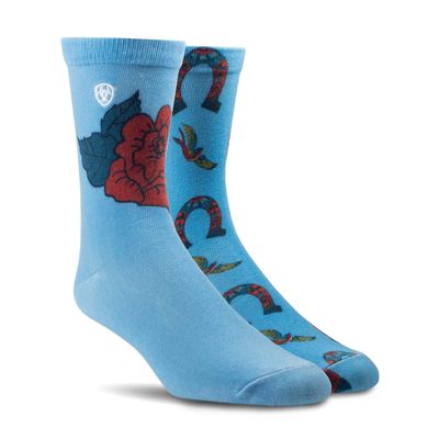 Women's Fanciful Rose Horseshoe Crew Socks 2 Pair Multi Pack in Bluebird by Ariat