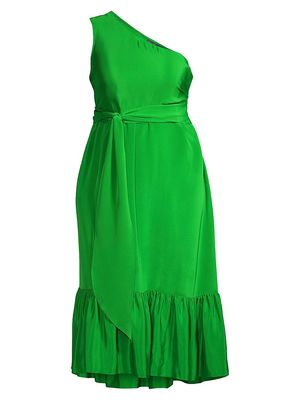 Women's Fiorella One-Shoulder Silk Midi-Dress - Green - Size 12W - Green - Size 12W