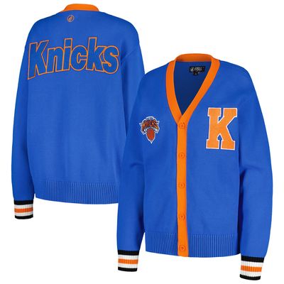 Women's FISLL Blue New York Knicks Chenille Letterman Cardigan Sweater
