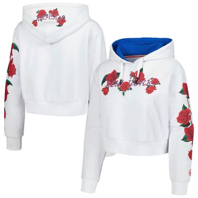 Women's FISLL White New York Knicks Roses Cropped Pullover Hoodie