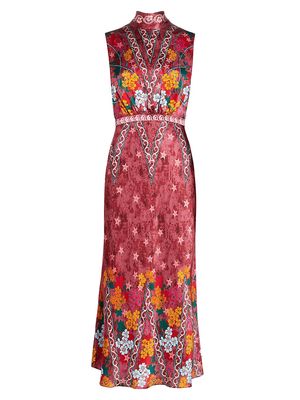 Women's Fleur Star Silk Midi-Dress - Hibiscus Flourish Plmt - Size 8