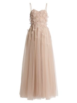 Women's Floral Applique Tulle Gown - Blush - Size 0