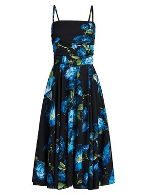 Women's Floral Charmeuse Silk-Blend Midi-Dress - Campanule Nero - Size 0