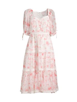 Women's Floral Chiffon Midi-Dress - Pink Rose - Size Small