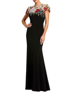 Women's Floral-Embroidered Jersey Gown - Black Multi - Size 2