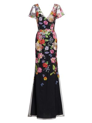 Women's Floral-Embroidered Tulle Lace-Up Gown - Black Pink - Size 10