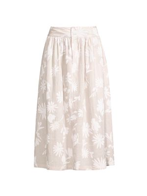 Women's Floral Gathered Linen Midi-Skirt - Beige White Floral - Size 2 - Beige White Floral - Size 2