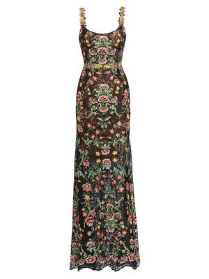 Women's Floral Guipure Sleeveless Fit-&-Flare Gown - Black - Size 10