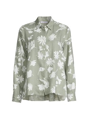 Women's Floral Linen Button-Front Shirt - Sage White Floral - Size 2 - Sage White Floral - Size 2