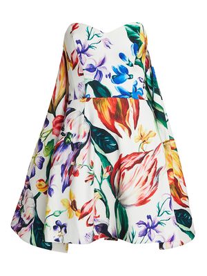 Women's Floral Mikado Satin Cocktail Minidress - Ivory Multi - Size 4