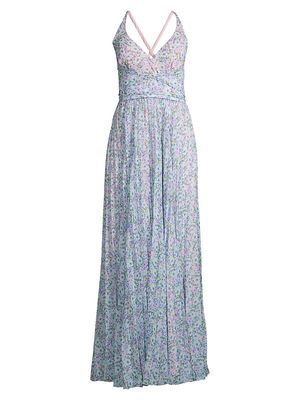 Women's Floral Pleated Chiffon Maxi Dress - Floral Oasis - Size 0 - Floral Oasis - Size 0