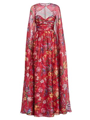 Women's Floral Print Halterneck Gown - Fuchsia - Size 10