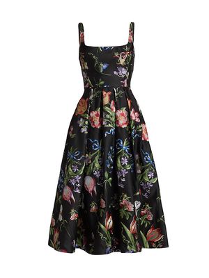 Women's Floral Satin Cocktail Midi-Dress - Black Multi - Size 16