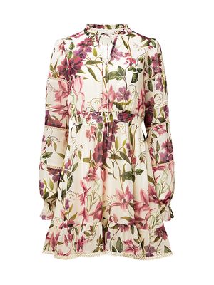 Women's Floral Tie-Neck Minidress - Ivory Floral - Size Large