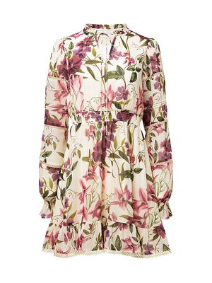 Women's Floral Tie-Neck Minidress - Ivory Floral - Size Small