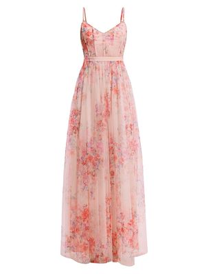 Women's Floral Tulle Sleeveless Gown - Apricot Blush - Size 4