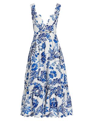 Women's Flowerful Birds V-Neck Midi-Dress - Flowerful Birds Off White - Size Small