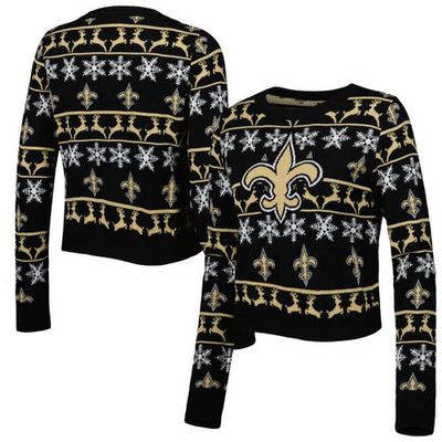 Women's FOCO Black New Orleans Saints Ugly Holiday Cropped Sweater