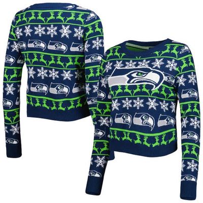 Women's FOCO College Navy Seattle Seahawks Ugly Holiday Cropped Sweater