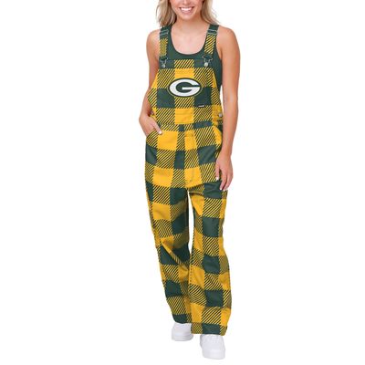 Women's FOCO Green Green Bay Packers Big Logo Plaid Overalls