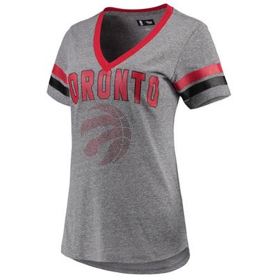 Women's G-III 4Her by Carl Banks Gray/Red Toronto Raptors Walk Off Crystal Applique Logo V-Neck T-Shirt