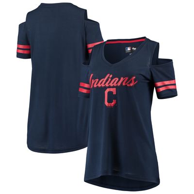 Women's G-III 4Her by Carl Banks Navy Cleveland Indians Extra Inning Cold Shoulder T-Shirt