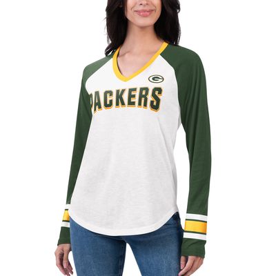 Women's G-III 4Her by Carl Banks White/Green Green Bay Packers Top Team Raglan V-Neck Long Sleeve T-Shirt