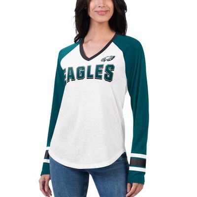 Women's G-III 4Her by Carl Banks White/Green Philadelphia Eagles Top Team Raglan V-Neck Long Sleeve T-Shirt