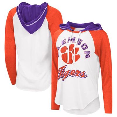 Women's G-III 4Her by Carl Banks White/Heathered Orange Clemson Tigers From the Sideline Raglan Hoodie Long Sleeve T-Shirt