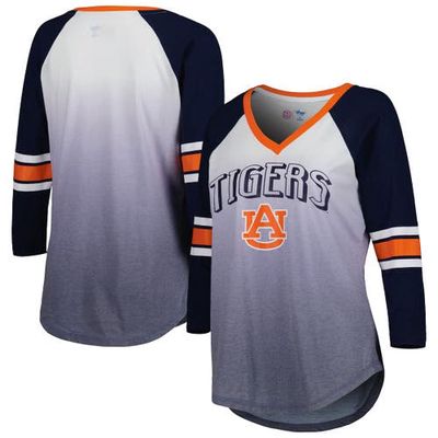 Women's G-III 4Her by Carl Banks White/Navy Auburn Tigers Lead Off Ombre Raglan 3/4-Sleeve V-Neck T-Shirt