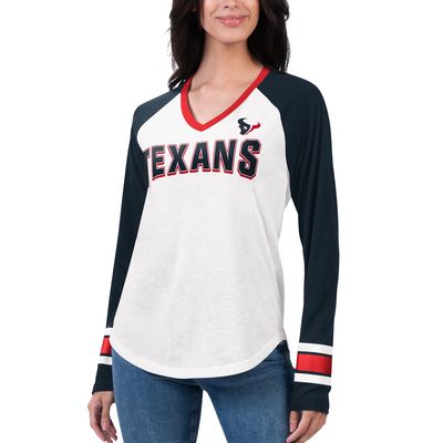 Women's G-III 4Her by Carl Banks White/Navy Houston Texans Top Team Raglan V-Neck Long Sleeve T-Shirt