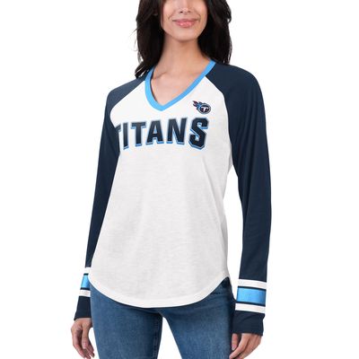 Women's G-III 4Her by Carl Banks White/Navy Tennessee Titans Top Team Raglan V-Neck Long Sleeve T-Shirt