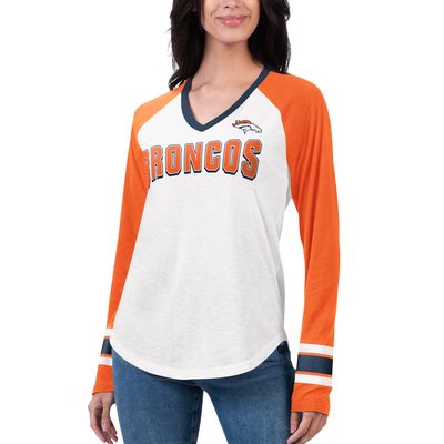 Women's G-III 4Her by Carl Banks White/Orange Denver Broncos Top Team Raglan V-Neck Long Sleeve T-Shirt