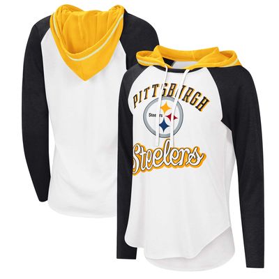 Women's G-III 4Her by Carl Banks White Pittsburgh Steelers MVP Raglan Hoodie Long Sleeve T-Shirt